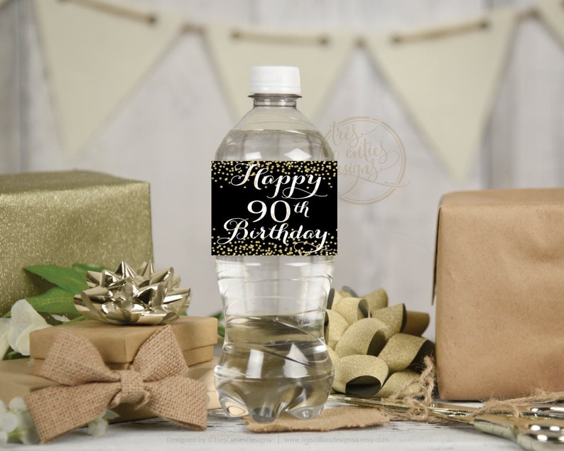 Happy 90th Birthday Water Bottle Labels Birthday Adult Birthday Label Gold and Black Instant download SOLD AS IS 90th Birthday Decoration
