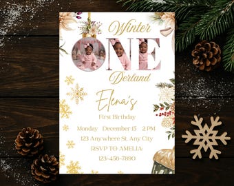 Invitación de primer cumpleaños con temática de invierno mágico, plantilla editable para Canva con copo de nieve dorado, para niña o niño.