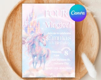 Editable Unicorn Birthday Invitation Magical Castle Pastel Rainbow Princess Party Girl Invitation Whimsical Fantasy Pink Canva Template