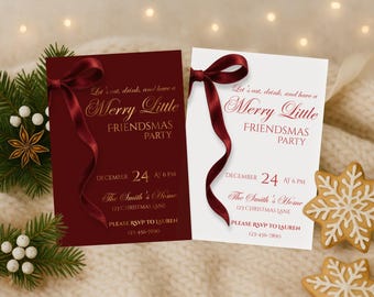 Editable Friendsmas Christmas Party Invitations Merry Little Friendsmas Gathering Invites Elegant Red and Gold Bow Dinner Party Invite