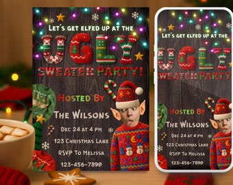 Ugly Sweater Invitation, Let's Get Elfed Up Party Invite, Editable Funny Christmas Invite, Tacky Fun Digital Evite, Friendsmas Card Template