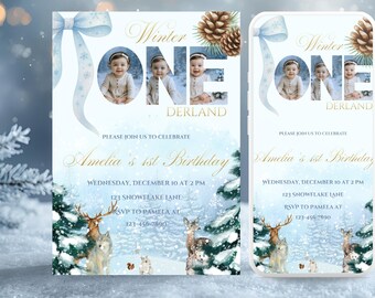 Editable Winter Onederland Woodland Invitation | Snowy Forest 1st Birthday Photo Invite | Winter Baby Girl Woodland Animals Template