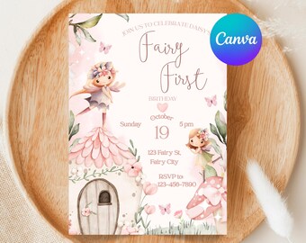 Fairy Birthday Invitation | Editable Canva Template | Garden Floral Party | Pastel Pink Butterfly Invite | Enchanted Fairy Garden Design