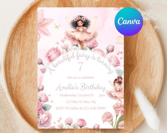 Editable Fairy Birthday Invitation | Fairy Garden Party Template | Pastel Pink Floral Invite | Enchanted Whimsical Canva Design