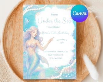 Under the Sea Mermaid Birthday Invitation | Editable Canva Template | Ocean Theme Party | Printable Girl Birthday Invite | Whimsical Mermaid