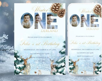 Editable Winter Onederland 1st Birthday Invitation | Baby Boy Winter Birthday Photo Invite | Winter Blue Forest Woodland Animals Template