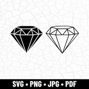 Pode incluir: Duas ilustrações de diamantes, uma preta sólida e a outra delineada em preto, são exibidas em um fundo branco rachado. A parte inferior da imagem apresenta o texto "SVG • PNG • JPG • PDF" em branco.