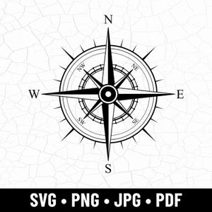 May include: Black and white compass rose design with directional indicators, including N, S, E, and W. The compass features a detailed inner dial and a textured background. The image includes the file types: SVG, PNG, JPG, and PDF.