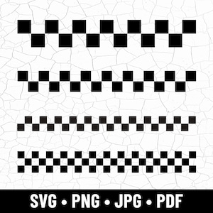 Könnte beinhalten: Vier schwarz-weiß karierte Bordürendesigns. Die Designs sind in einem sich wiederholenden Muster aus schwarzen Quadraten angeordnet. Der untere Teil des Bildes enthält den Text "SVG • PNG • JPG • PDF". Der Hintergrund ist eine weiße, rissige Textur.