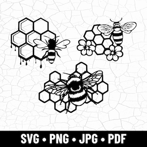 May include: Black and white bee-themed digital designs. The image features three bee illustrations with honeycomb and floral elements. The bottom of the image displays the file formats: SVG, PNG, JPG, and PDF.