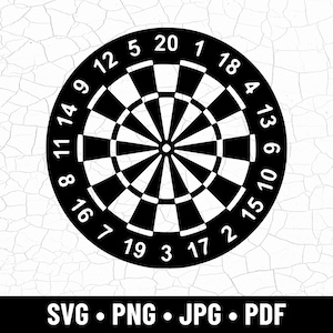 Puede incluir: Un tablero de dardos en blanco y negro con números y un diseño de diana. Los números del 1 al 20 están dispuestos alrededor del borde exterior. La imagen incluye el texto "SVG • PNG • JPG • PDF".