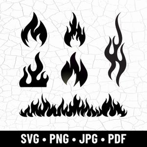 Pode incluir: Gráficos de chamas pretas em várias formas e tamanhos, incluindo uma fila horizontal de chamas. A imagem inclui o texto "SVG • PNG • JPG • PDF". As chamas estão sobre um fundo branco rachado.