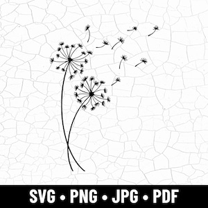 May include: Black and white illustration of two dandelions with seeds blowing away. The image is set against a cracked white background. The bottom of the image contains the text "SVG • PNG • JPG • PDF".