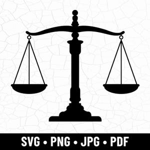 May include: A black silhouette of a balance scale, a symbol of justice, set against a textured white background. The scale has two hanging pans and a central support. Below the scale, the image includes the file formats: SVG, PNG, JPG, and PDF.