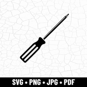 Op de afbeelding: Zwart-wit illustratie van een kruiskopschroevendraaier. De tool heeft een zwarte handgreep met drie horizontale groeven en een lange, zwarte schacht. De tekst "SVG • PNG • JPG • PDF" is onderaan de afbeelding opgenomen.