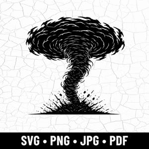 Puede incluir: Ilustración en blanco y negro de un tornado. El vórtice arremolinado se representa con líneas detalladas, y la base muestra una explosión de escombros. La imagen incluye el texto "SVG • PNG • JPG • PDF".