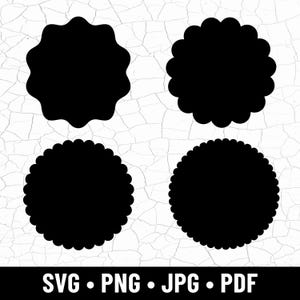 May include: Four black, circular shapes with scalloped and irregular edges are displayed against a white, cracked background. The bottom of the image features the text "SVG • PNG • JPG • PDF".