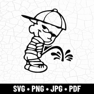Op de afbeelding: Zwart-wit cartoonafbeelding van een ondeugende jongen met een baseballpet en gestreept shirt, die urineert. De afbeelding bevat de bestandstypeopties: SVG, PNG, JPG en PDF.