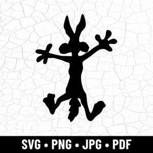 May include: A black silhouette of a cartoon coyote in a dynamic pose, arms outstretched and legs splayed. The character is set against a textured white background. The bottom of the image displays the text "SVG • PNG • JPG • PDF".