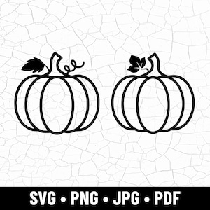 Puede incluir: Dos contornos negros de calabazas con tallos y hojas. Una calabaza tiene un zarcillo rizado. Las calabazas están sobre un fondo blanco con una textura agrietada. La parte inferior de la imagen tiene el texto "SVG • PNG • JPG • PDF".
