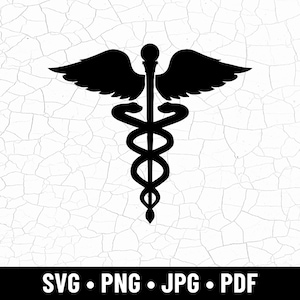 Può includere: Simbolo nero del Caduceo con ali e un serpente attorcigliato attorno a un bastone, su sfondo bianco screpolato. L'immagine include il testo "SVG • PNG • JPG • PDF" in basso.