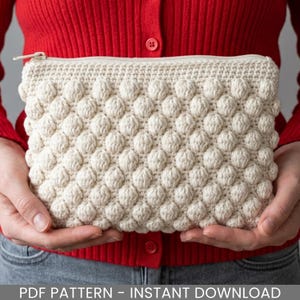 Op de afbeelding: Crèmekleurige gehaakte etui met een textuur van bobbelsteken. De rechthoekige tas heeft een ritssluiting en wordt voor een rood vest gehouden. De tekst "PDF PATTERN - INSTANT DOWNLOAD" staat onderaan.