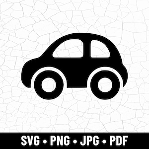 Könnte beinhalten: Eine schwarze Silhouette eines Autos mit zwei kreisförmigen Rädern. Das Auto hat eine abgerundete Karosserie und ein gewölbtes Dach. Unter dem Auto stehen die Worte "SVG • PNG • JPG • PDF" in Weiß.