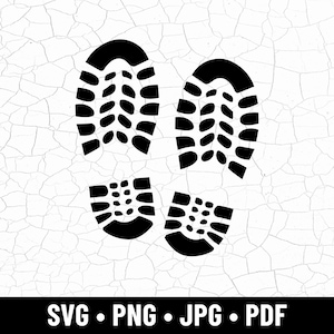 May include: Black shoe print graphic with the text "SVG • PNG • JPG • PDF" at the bottom. The shoe prints are of a hiking boot style, with a textured sole. The background is a cracked white texture.