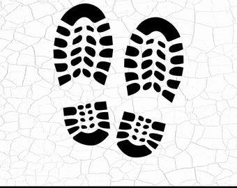 May include: Black shoe print graphic with the text "SVG • PNG • JPG • PDF" at the bottom. The shoe prints are of a hiking boot style, with a textured sole. The background is a cracked white texture.