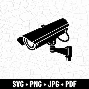 May include: Black silhouette of a security camera, mounted on a wall. The camera is rectangular with a curved front and a bracket. The image includes the text "SVG • PNG • JPG • PDF" at the bottom.