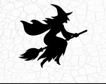 Witch SVG, Flying Silhouette, Spooky Clipart, Witch on Broom, Digital Download