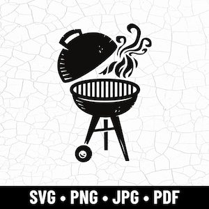 May include: Black and white illustration of a charcoal grill with the lid open, smoke rising, and a single wheel. The grill is on a three-legged stand. The bottom of the image has the text "SVG • PNG • JPG • PDF".