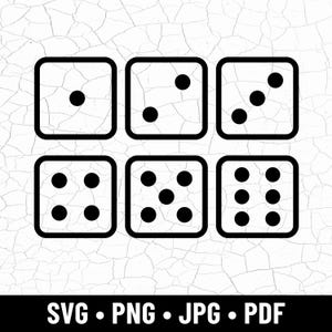 Puede incluir: Gráfico en blanco y negro de seis caras de dados, cada una mostrando un número diferente de puntos del uno al seis. Los dados son cuadrados con esquinas redondeadas. El texto "SVG • PNG • JPG • PDF" se muestra debajo.