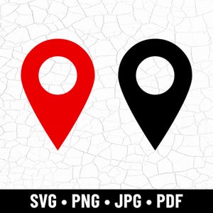 Könnte beinhalten: Zwei Standort-Pin-Symbole, eines in Rot und eines in Schwarz, vor einem weißen, rissigen Hintergrund. Die Symbole haben die Form eines Tropfens mit einer kreisförmigen Öffnung oben. Unter den Symbolen steht der Text "SVG • PNG • JPG • PDF".