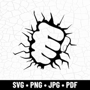 May include: A black and white graphic showing a clenched fist bursting through a cracked surface. The fist is central, with sharp lines radiating outwards. The bottom of the image reads "SVG • PNG • JPG • PDF".