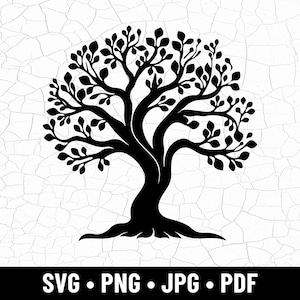 May include: A black tree silhouette with a full, leafy canopy, set against a cracked white background. The image includes the text "SVG • PNG • JPG • PDF" at the bottom, indicating file formats.