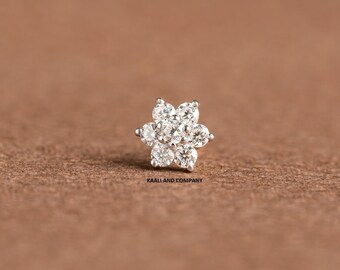 14kt & 18kt Gold Flower Diamond Nose Stud, 0.05 Cts Natural Diamond Certificate Nosepin