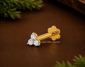 14kt & 18Kt Gold Diamond Nose Pin – Delicate 3-Stone Stud | Elegant Nose Jewelry for Women
