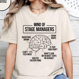 May include: A sand-coloured t-shirt featuring a black graphic of a human brain with labels pointing to various sections, including Backstage Drama, Cough Drops, Is That Your Prop, What's Said On Headset Stays On Headset, Useless Theater Puns, and I Can't-It's Tech Week.