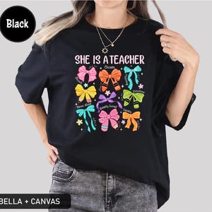 She Is A Teacher Christian Shirt, Christian Teacher Gift Tshirt, Coquette Teacher Bows Shirt, Bible Verse Teacher Tshirt,Teacher Mother Gift