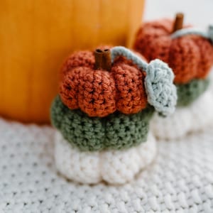 May include: Crocheted pumpkin decorations in shades of orange, green, and white, with a cinnamon stick stem. The pumpkins are stacked, creating a layered effect. A large orange pumpkin is in the background.