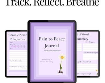 Könnte beinhalten: Digitales Schmerztagebuch mit lila Rahmen, mit dem Text "Pain to Peace Journal" und einer Gänseblümchen-Illustration. Das Bild enthält auch den Text "Track. Reflect. Breathe" und "Download Today."
