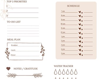 Puede incluir: Un planificador diario beige con el título "My Daily Planner" en escritura elegante. Incluye secciones para la fecha, las 3 prioridades principales, una lista de tareas, un plan de comidas, un horario, un rastreador de agua, ejercicio y notas.