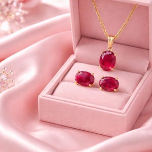 May include: A ruby jewelry set, including a pendant necklace and matching stud earrings, displayed in a pink velvet box. The gold chain and earring settings complement the oval-cut, deep red gemstones. The set rests on a pink satin surface.