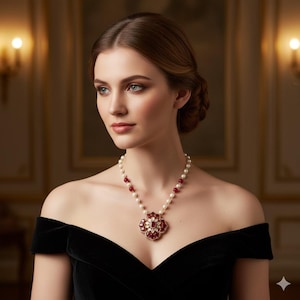 Puede incluir: Un collar de perlas con detalles de piedras preciosas rojas y un colgante floral. El colgante está hecho de piedras preciosas rojas y metal dorado. La mujer de la imagen lleva un vestido negro con los hombros descubiertos.
