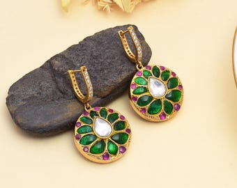 Kundan Emerald & Ruby Drop Earrings: Handmade Gold Plated Sterling Silver