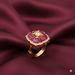 Ring van 925 sterling zilver met Kundan Polki-steen, synthetische robijn en zirkoon, statement ring, roze cocktailring met bloemenmotief