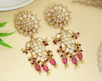 925 Sterling Silver Polki Kundan Earrings, Indian Bridal Chandelier Earrings, Ruby Pearl Dangle Earrings,Ethnic Wedding Jewelry Gift for Her