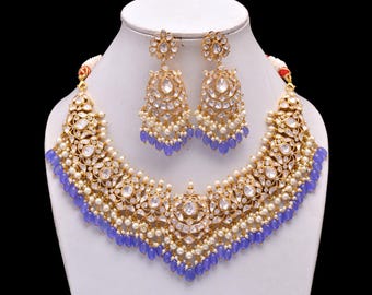 Polki Diamond Indian Bridal Choker: 925 Silver Necklace Earrings Set