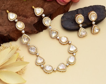 925 Silver Celebrity inspired Uncut Kundan Polki Necklace Set, Handmade Indian Bridal Wedding Traditional Jewelry For Her